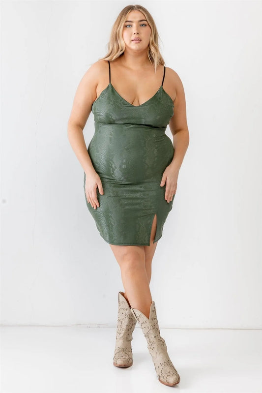 Junior Plus Olive Snake Vegan Leather Sleeveless Strappy Mini Dress /2-1-1 - Tasha Apparel Wholesale