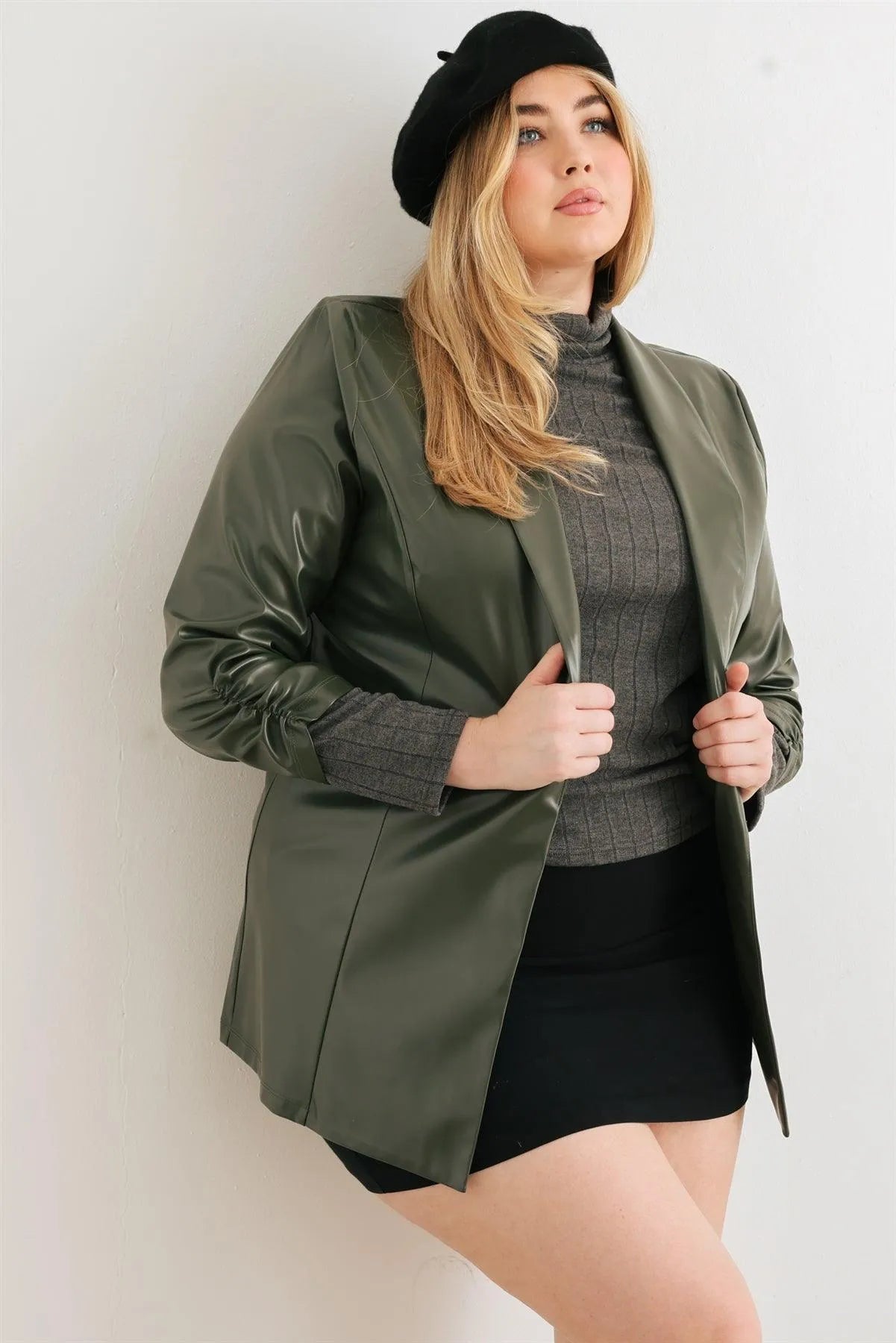 Junior Plus Green Vegan Leather Ruched Sleeve Open Front Jacket /1-1 - Tasha Apparel Wholesale