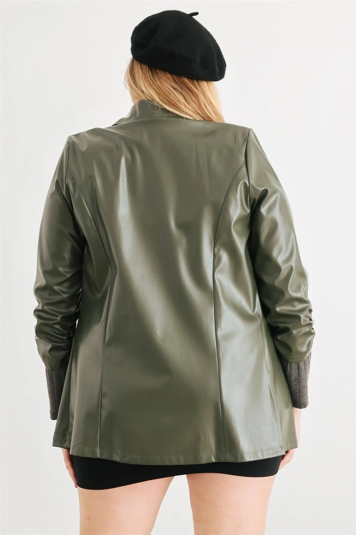 Junior Plus Green Vegan Leather Ruched Sleeve Open Front Jacket /1-1 - Tasha Apparel Wholesale