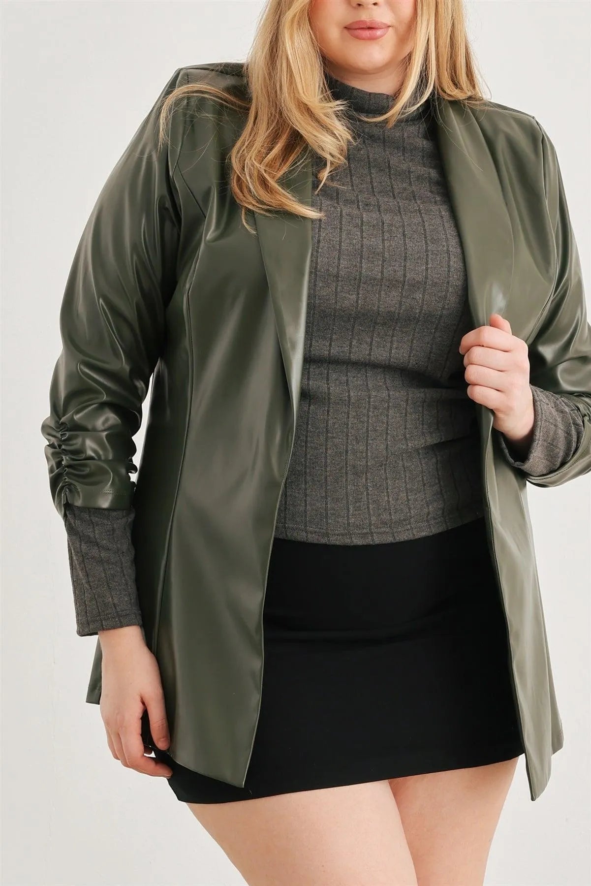 Junior Plus Green Vegan Leather Ruched Sleeve Open Front Jacket /1-1 - Tasha Apparel Wholesale
