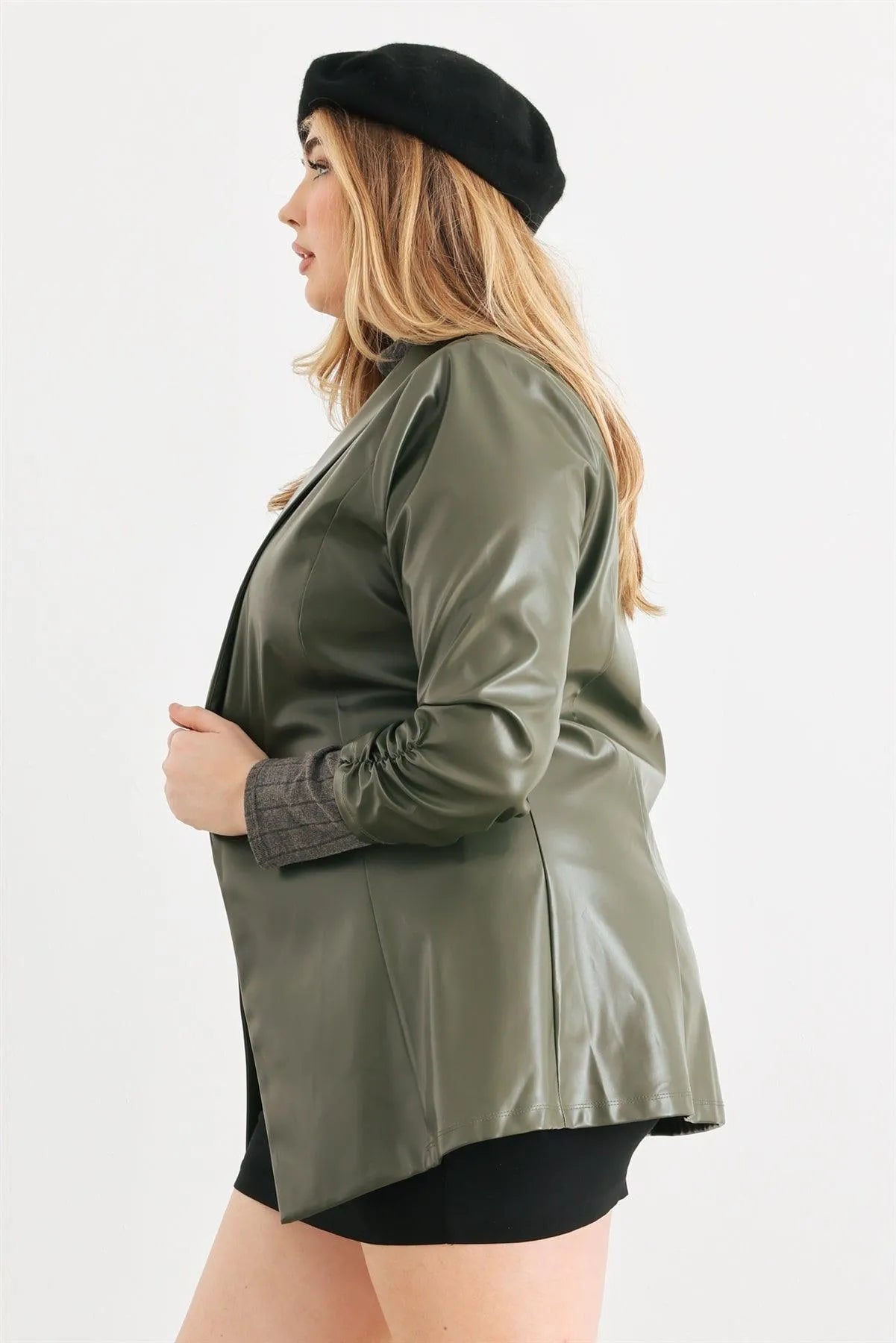 Junior Plus Green Vegan Leather Ruched Sleeve Open Front Jacket /2-1-1 - Tasha Apparel Wholesale