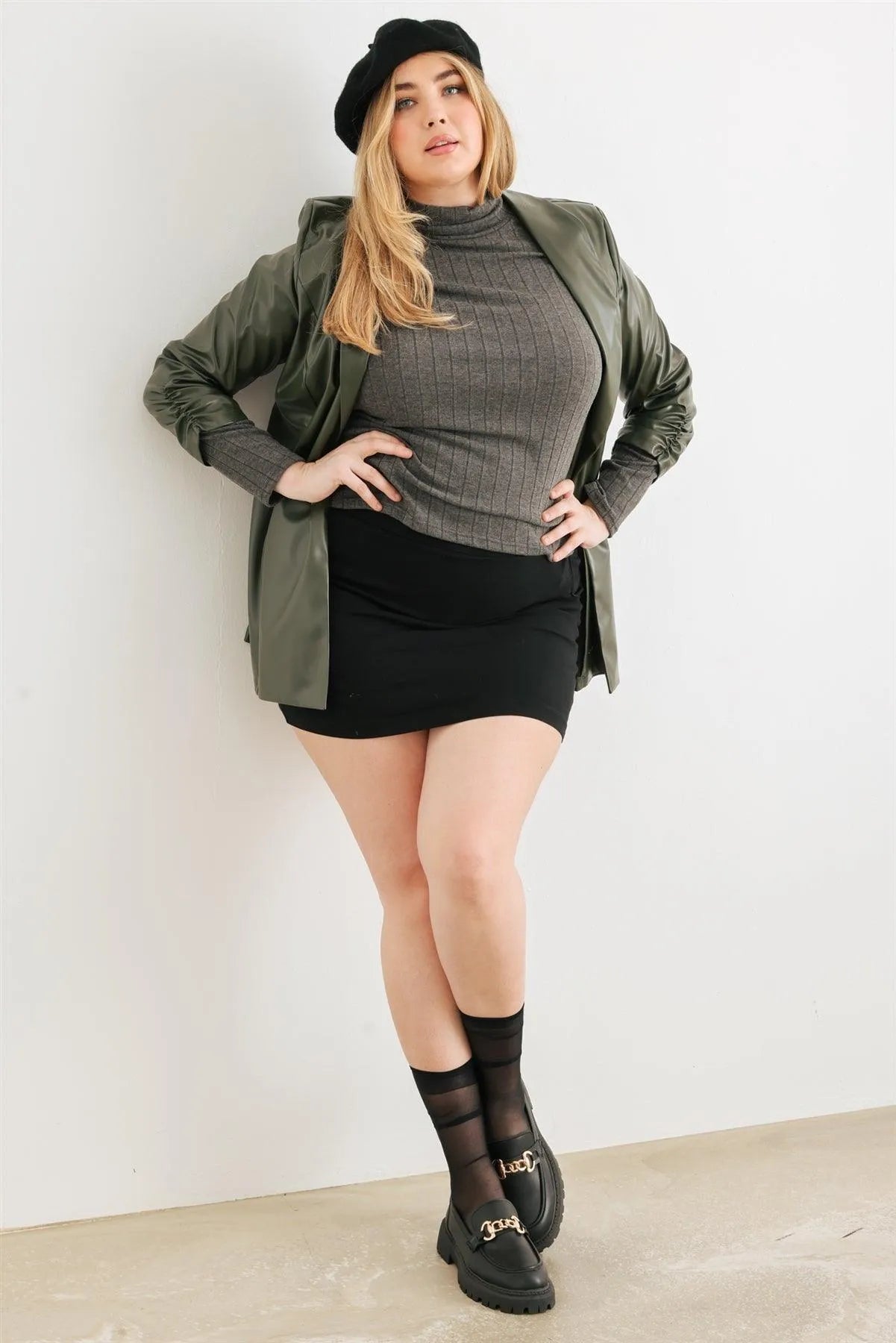 Junior Plus Green Vegan Leather Ruched Sleeve Open Front Jacket /2-1-1 - Tasha Apparel Wholesale