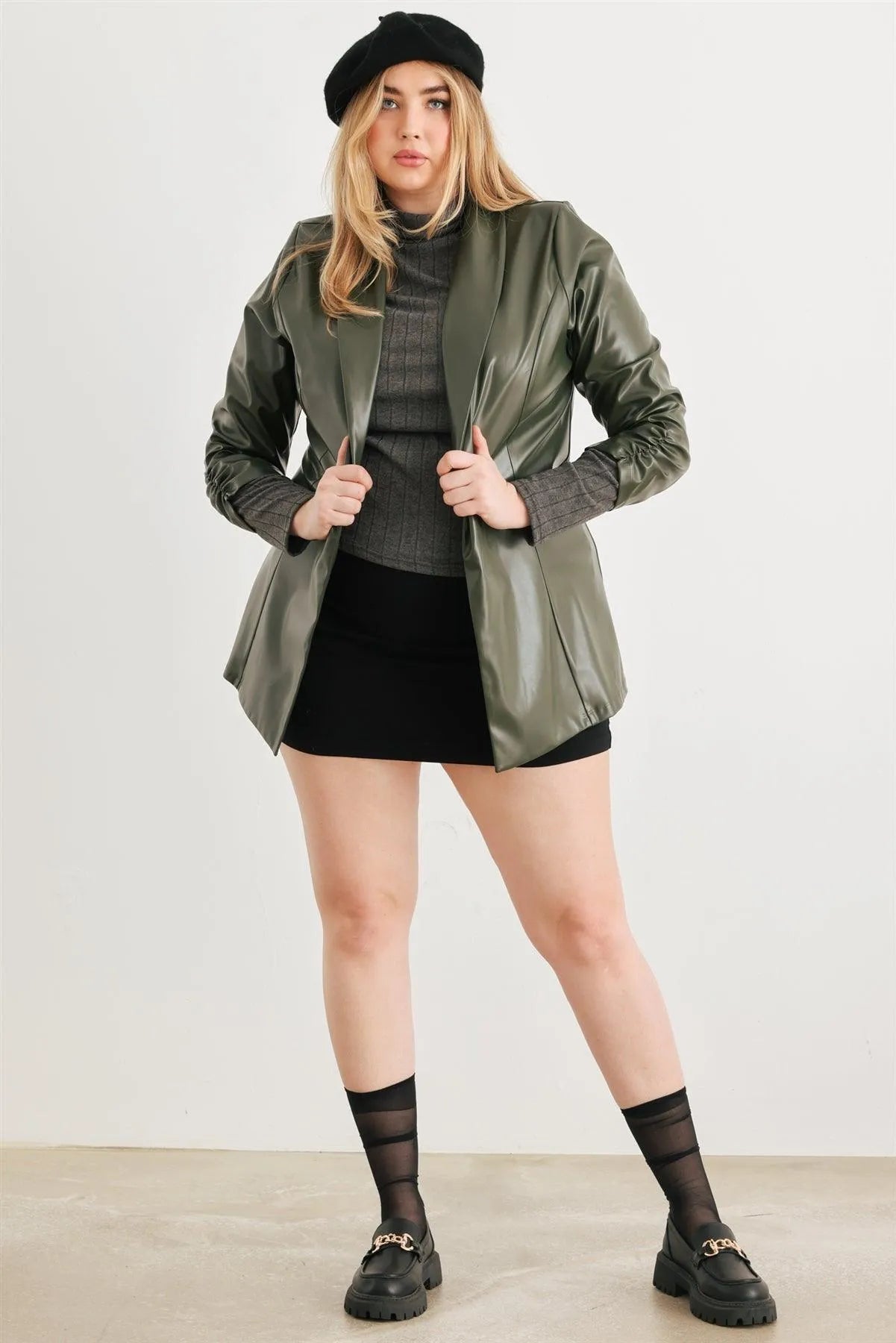 Junior Plus Green Vegan Leather Ruched Sleeve Open Front Jacket /2-1-1 - Tasha Apparel Wholesale