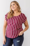 Junior Plus Burgundy Striped Short Sleeve Relax Top /2-1-1 - Tasha Apparel Wholesale