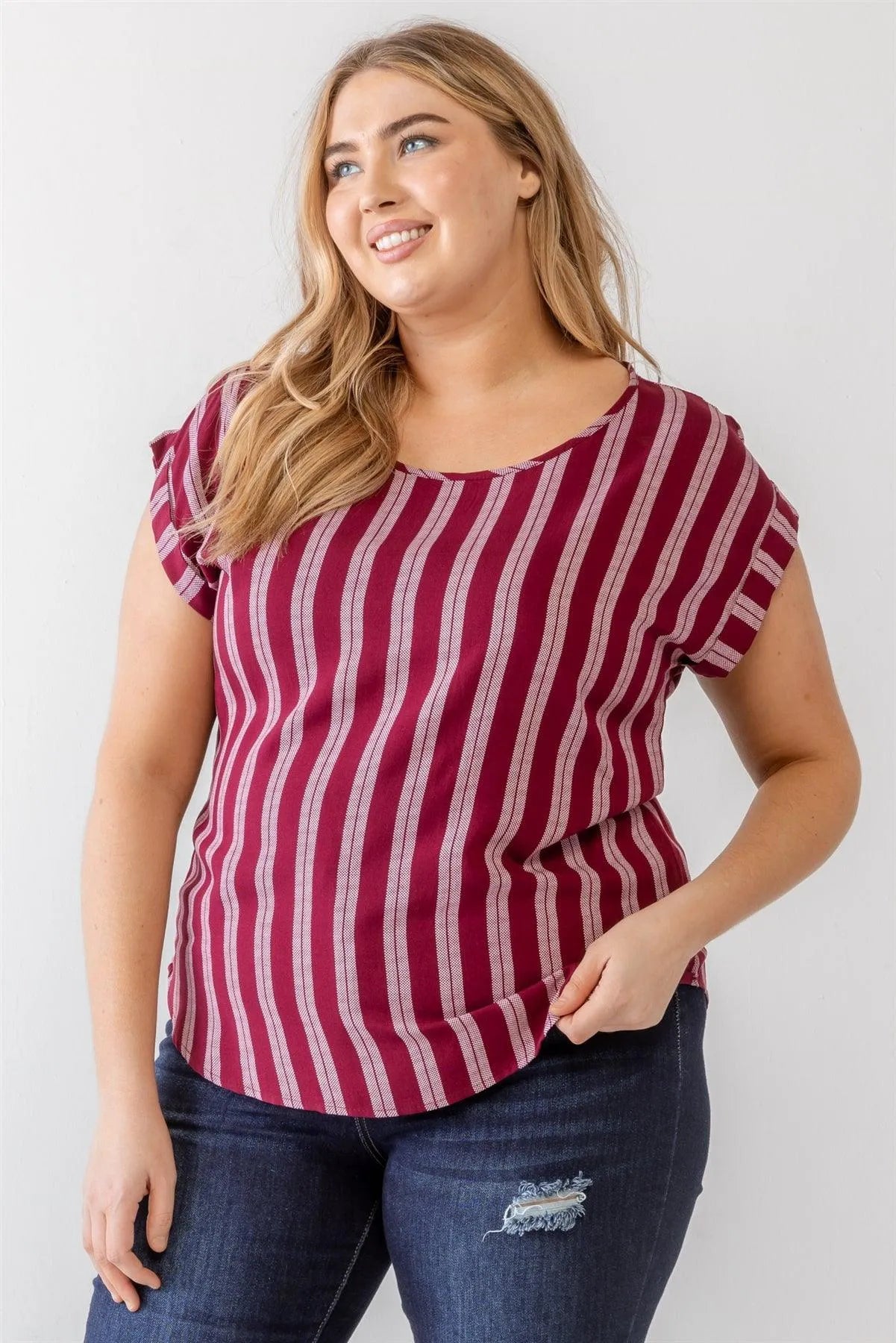 Junior Plus Burgundy Striped Short Sleeve Relax Top /2-1-1 - Tasha Apparel Wholesale