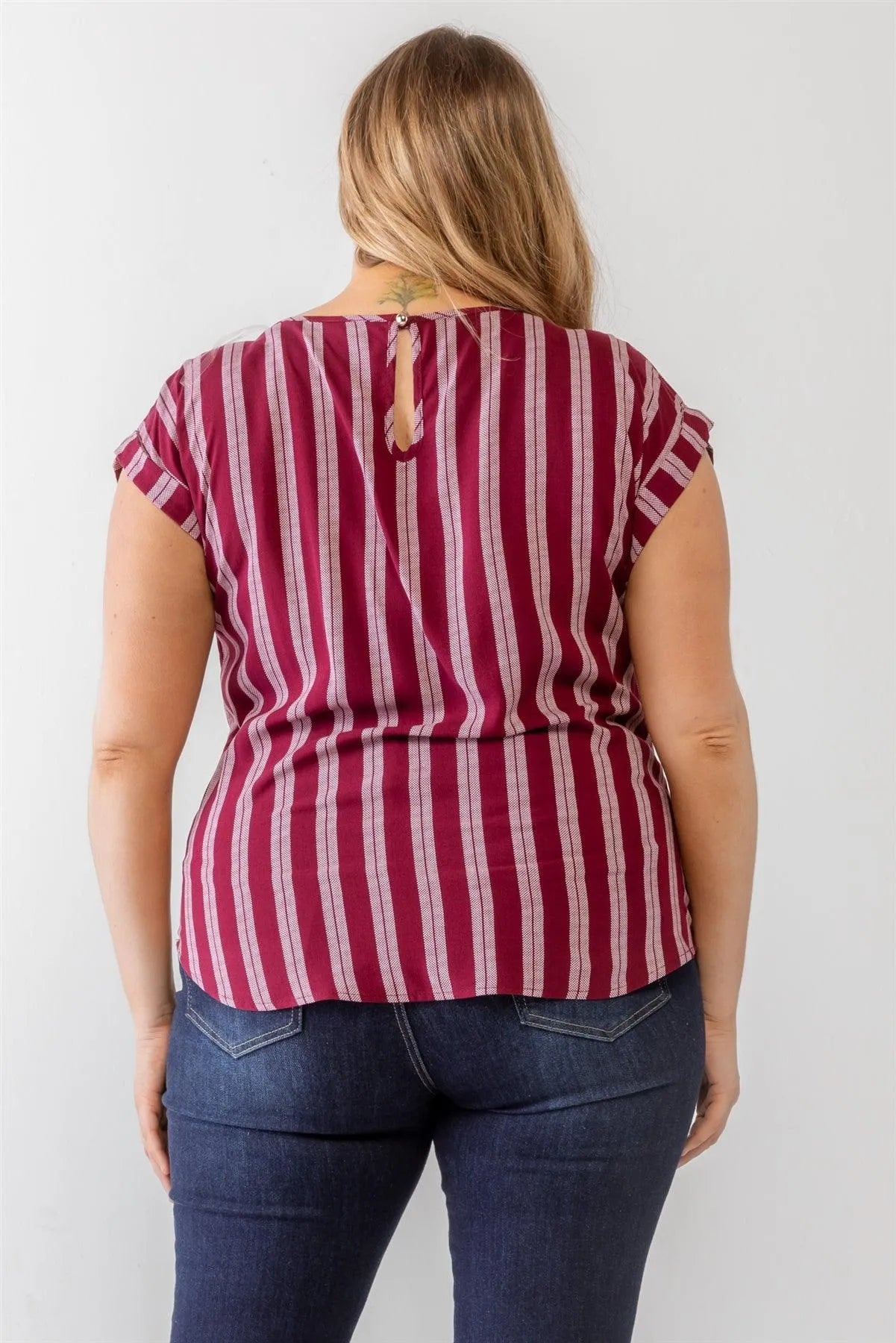 Junior Plus Burgundy Striped Short Sleeve Relax Top /2-1-1 - Tasha Apparel Wholesale