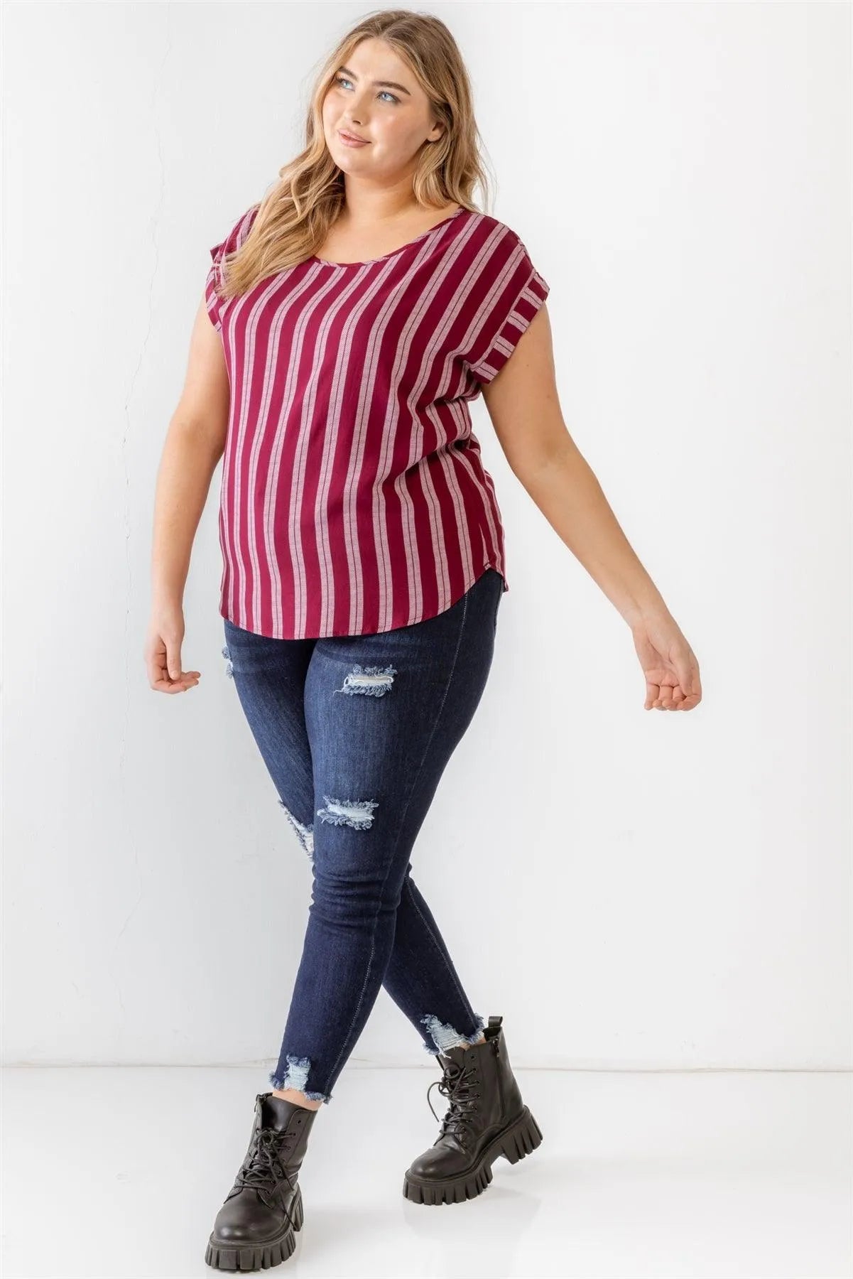 Junior Plus Burgundy Striped Short Sleeve Relax Top /2-1-1 - Tasha Apparel Wholesale