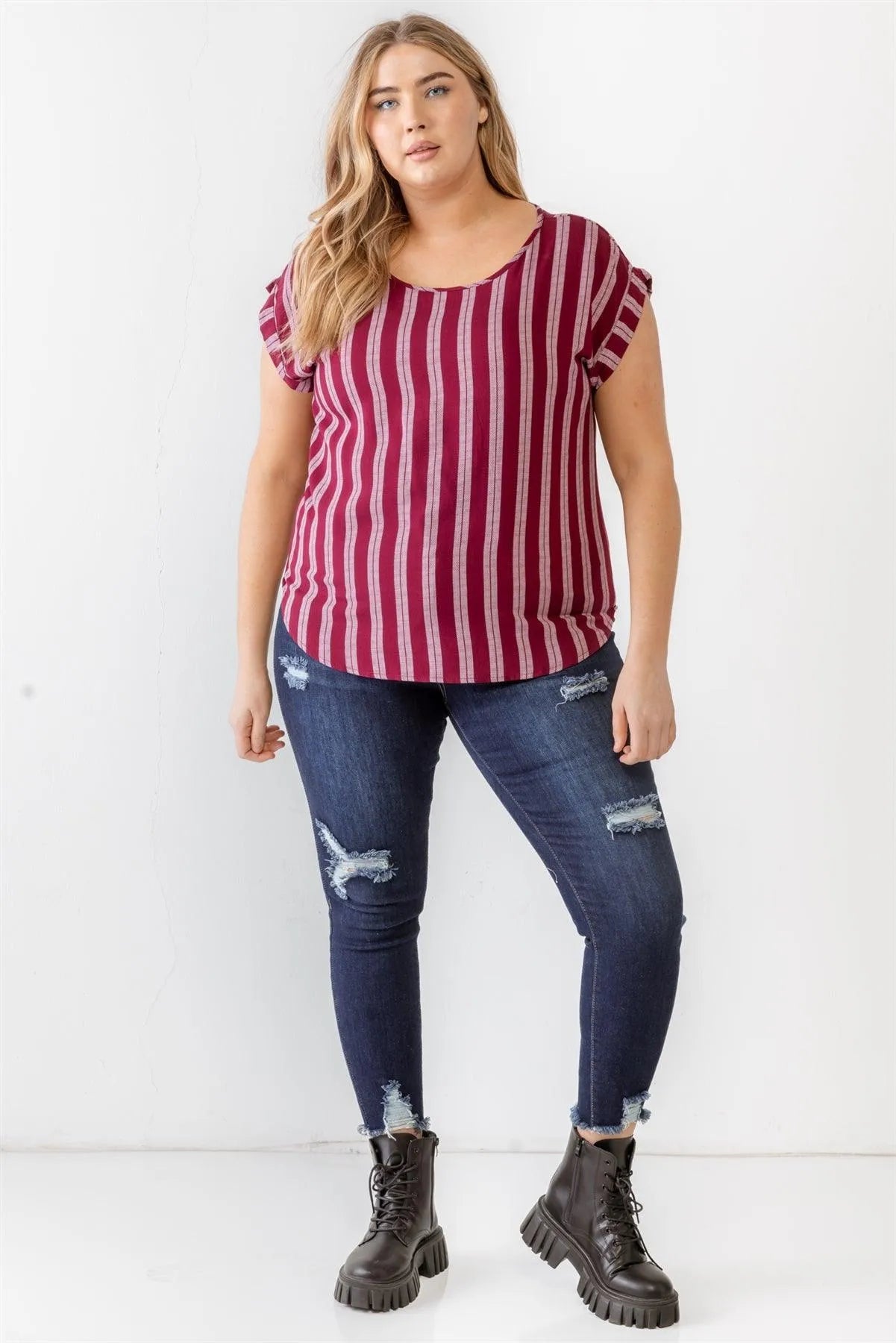 Junior Plus Burgundy Striped Short Sleeve Relax Top /2-1-1 - Tasha Apparel Wholesale