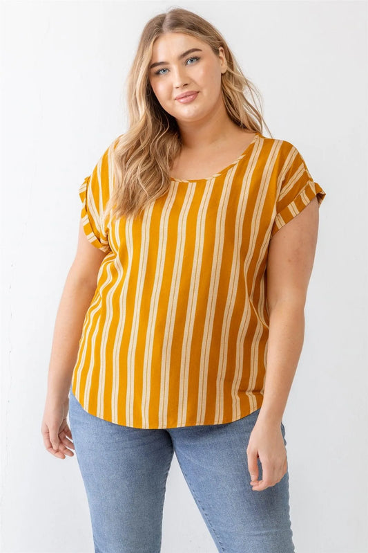 Junior Plus Yellow Striped Short Sleeve Relax Top /1-1-1 - Tasha Apparel Wholesale