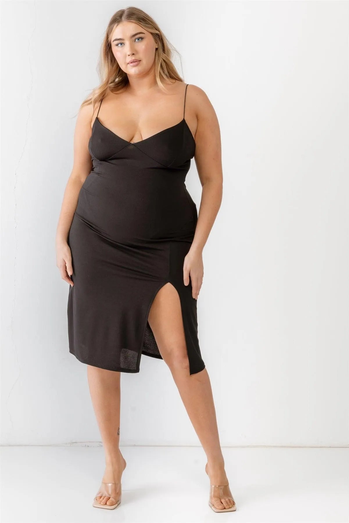 Junior Plus Black V-Neck Sleeveless Strappy Midi Dress /1-1-1 - Tasha Apparel Wholesale