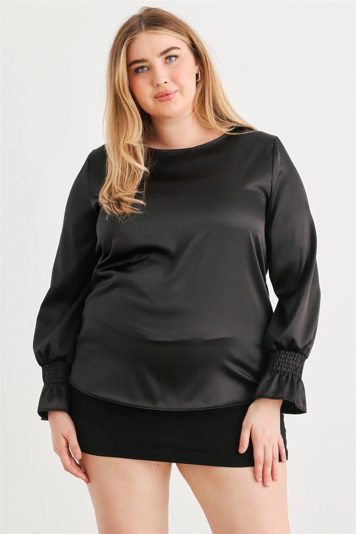 Junior Plus Black Satin Balloon Puff Long Sleeve Top /1-1 - Tasha Apparel Wholesale