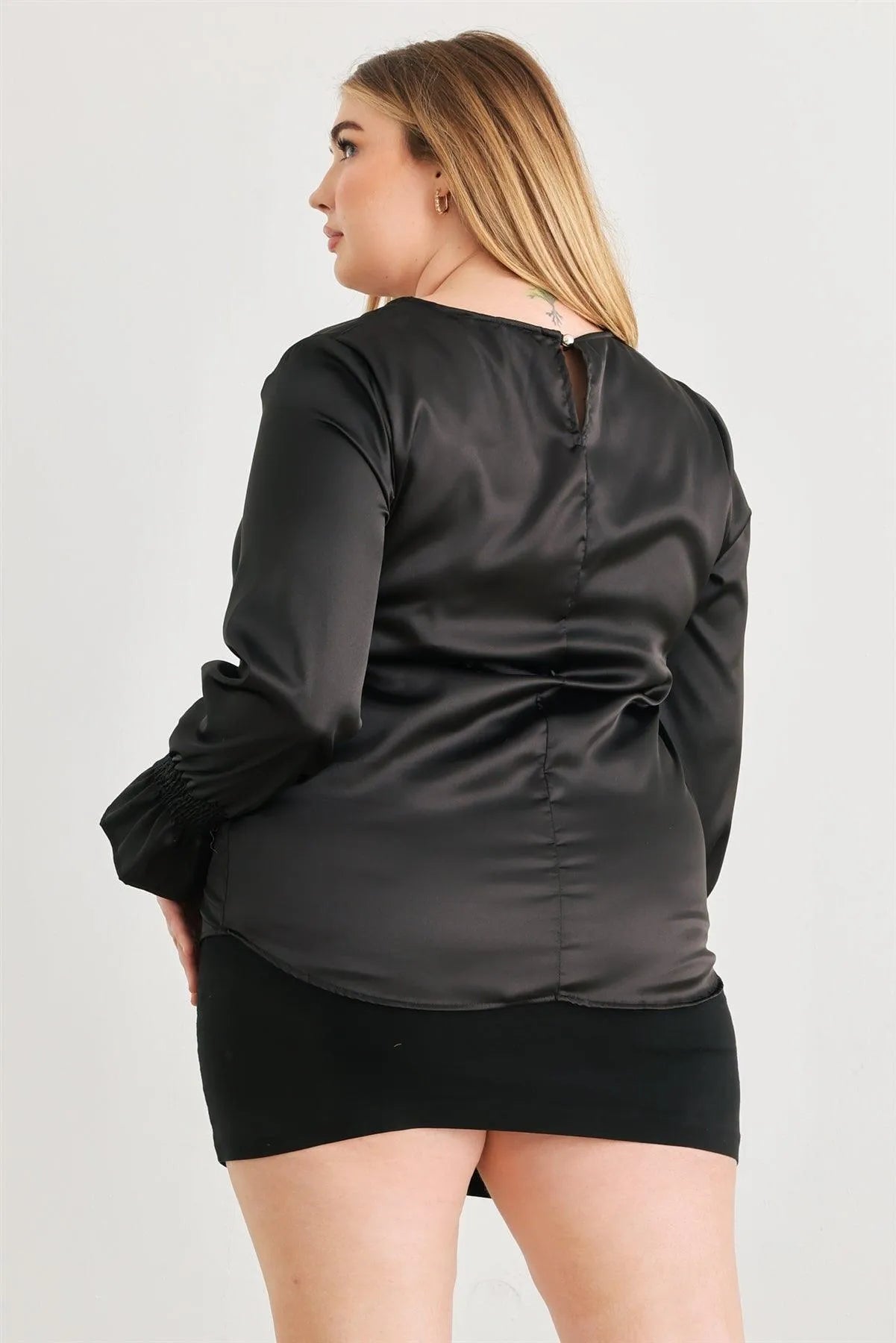 Junior Plus Black Satin Balloon Puff Long Sleeve Top /1-1 - Tasha Apparel Wholesale
