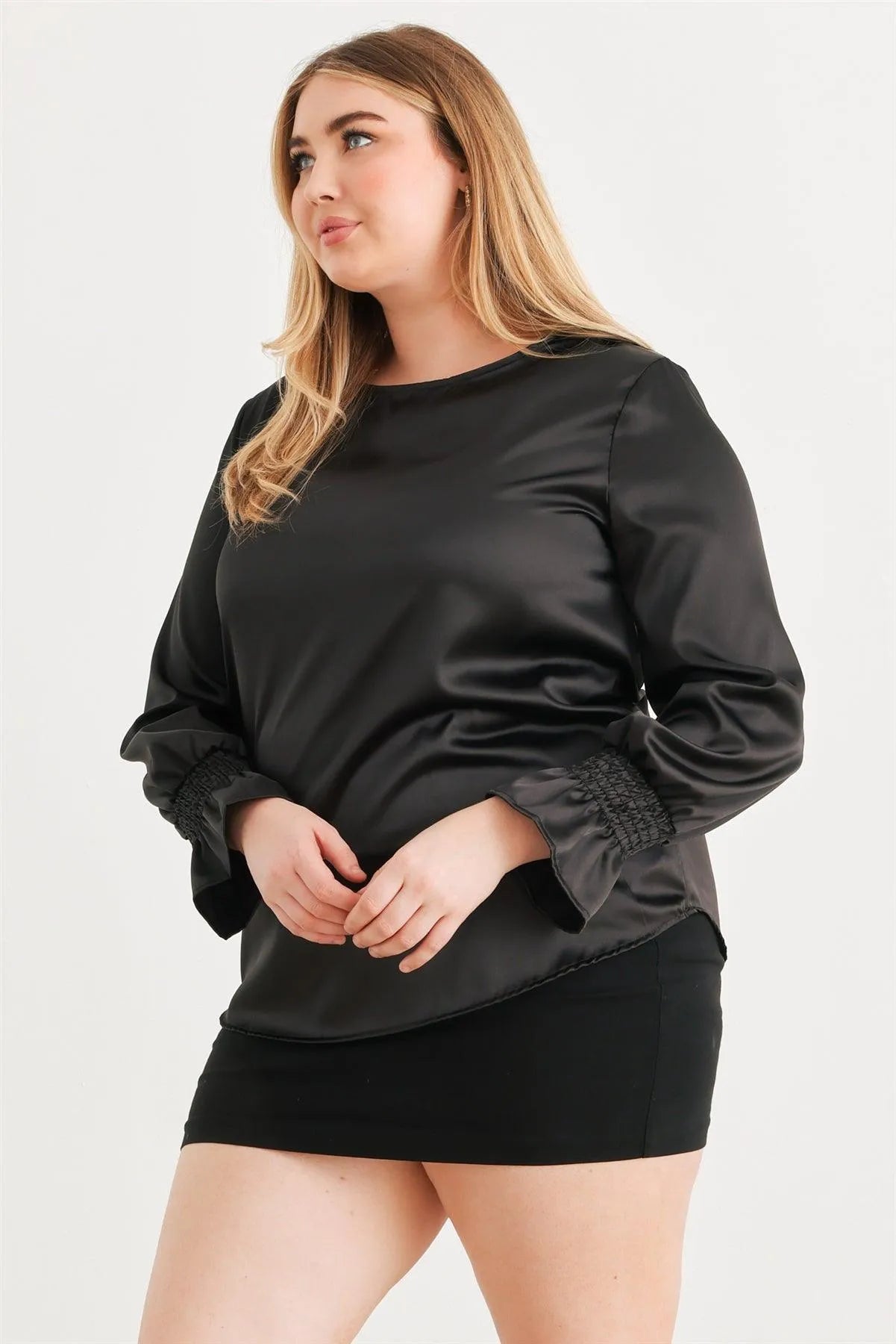 Junior Plus Black Satin Balloon Puff Long Sleeve Top /1-1 - Tasha Apparel Wholesale