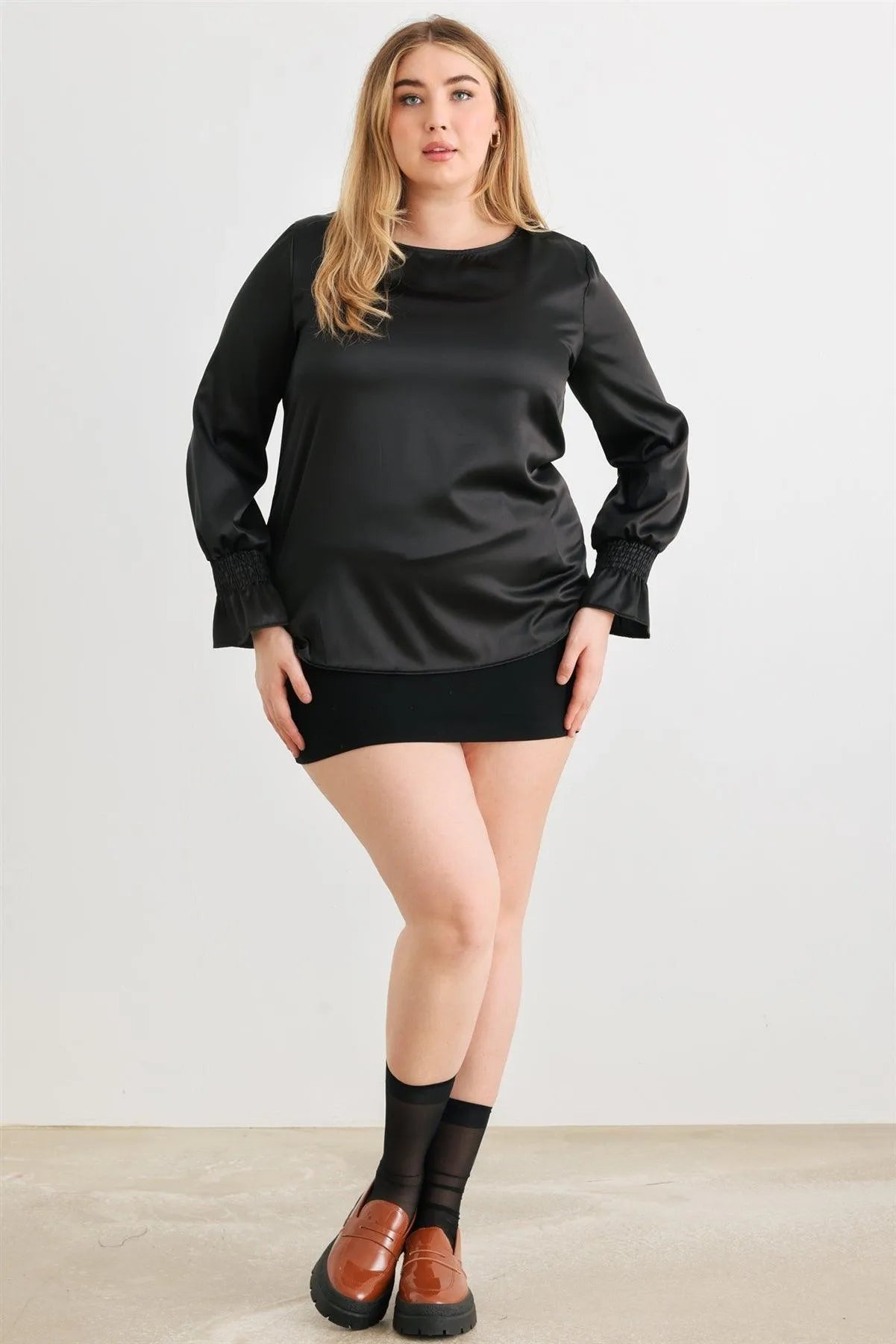 Junior Plus Black Satin Balloon Puff Long Sleeve Top /1-1 - Tasha Apparel Wholesale