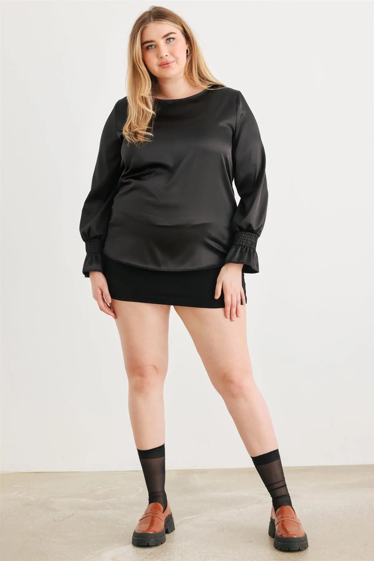 Junior Plus Black Satin Balloon Puff Long Sleeve Top /1-1 - Tasha Apparel Wholesale