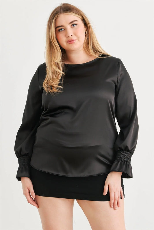 Junior Plus Black Satin Balloon Puff Long Sleeve Top /1-1-1 - Tasha Apparel Wholesale