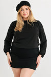 Junior Plus Black Satin Puff Long Sleeve Open Tie Back Blouse Top /1-1-1 - Tasha Apparel Wholesale
