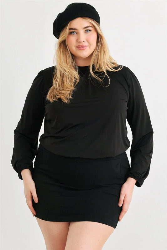 Junior Plus Black Satin Puff Long Sleeve Open Tie Back Blouse Top /1-1-1 - Tasha Apparel Wholesale