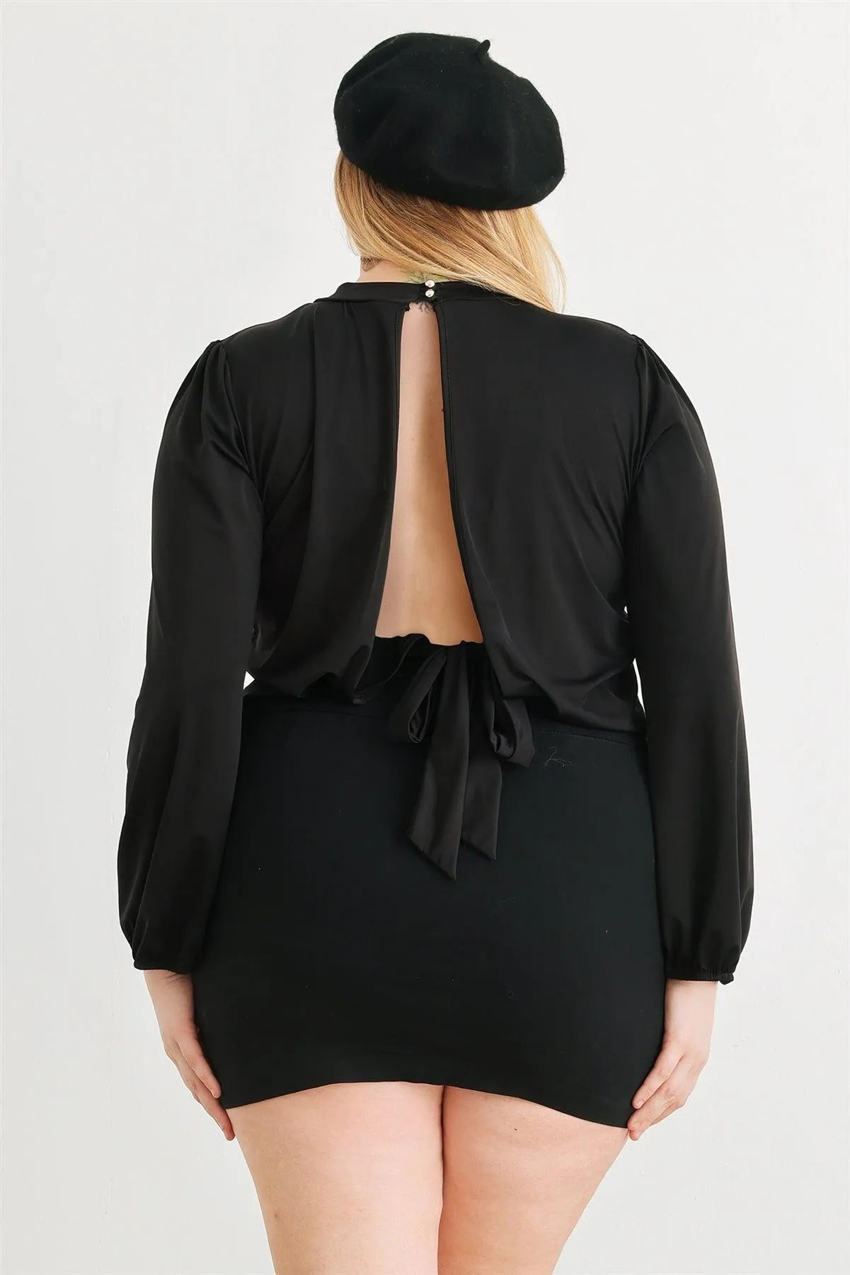 Junior Plus Black Satin Puff Long Sleeve Open Tie Back Blouse Top /1-1-1 - Tasha Apparel Wholesale