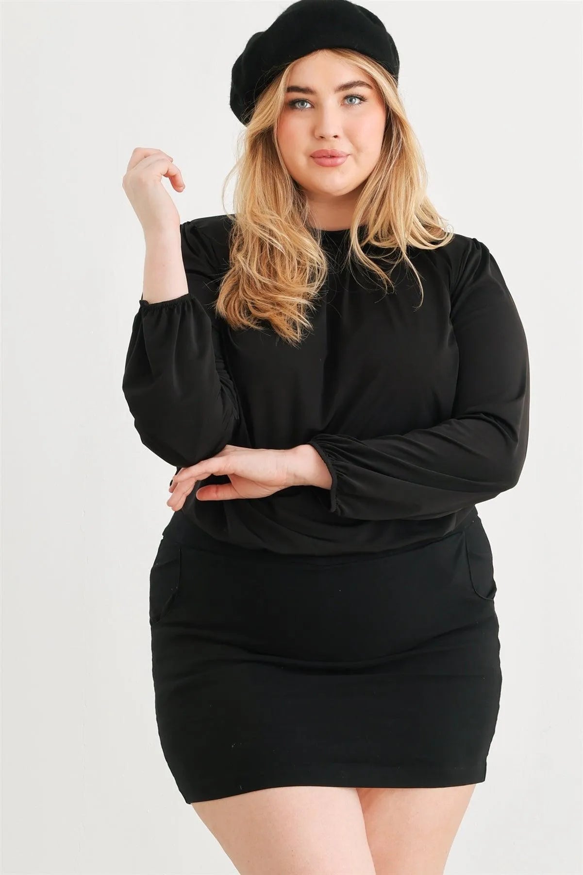 Junior Plus Black Satin Puff Long Sleeve Open Tie Back Blouse Top /1-1-1 - Tasha Apparel Wholesale