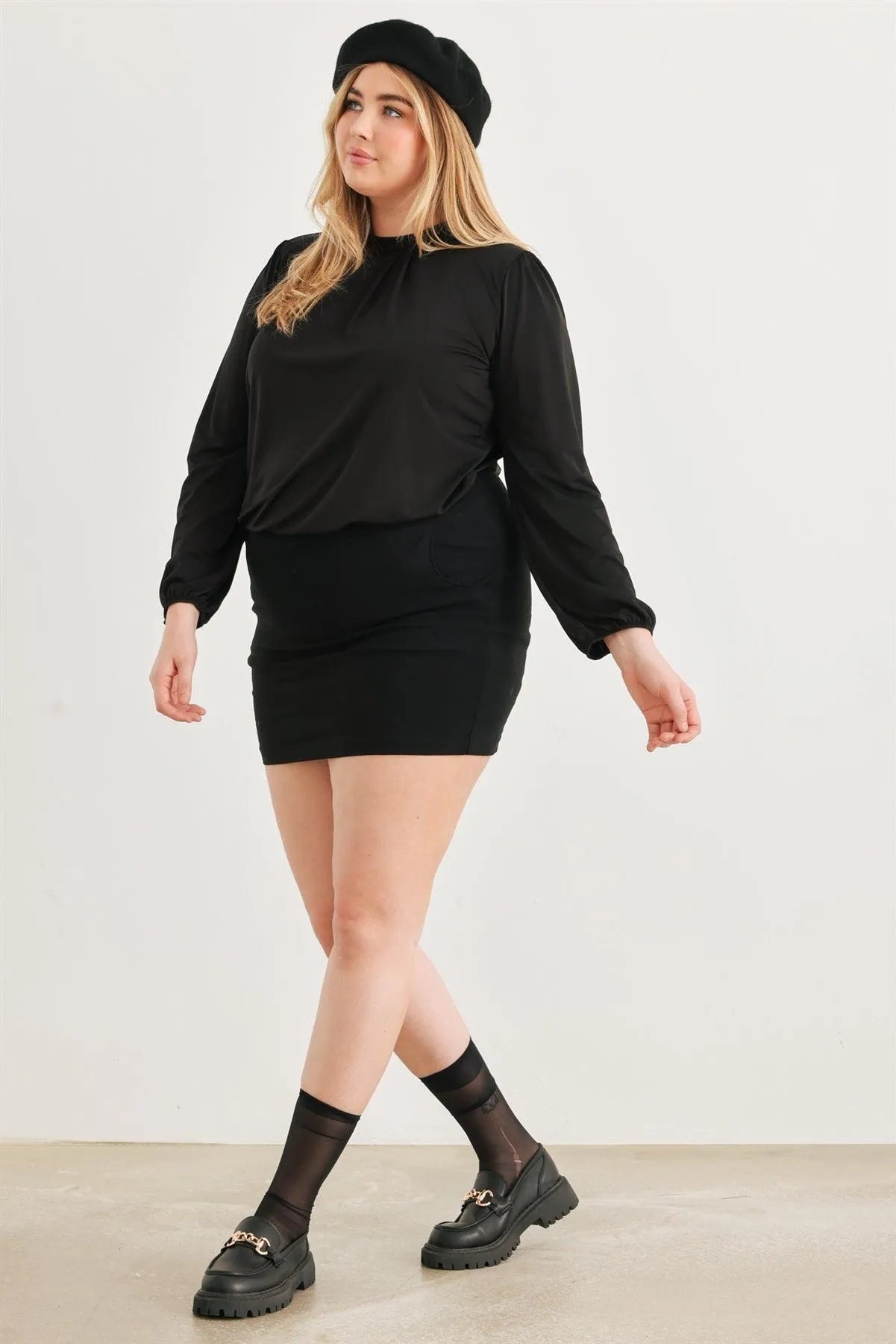 Junior Plus Black Satin Puff Long Sleeve Open Tie Back Blouse Top /1-1-1 - Tasha Apparel Wholesale
