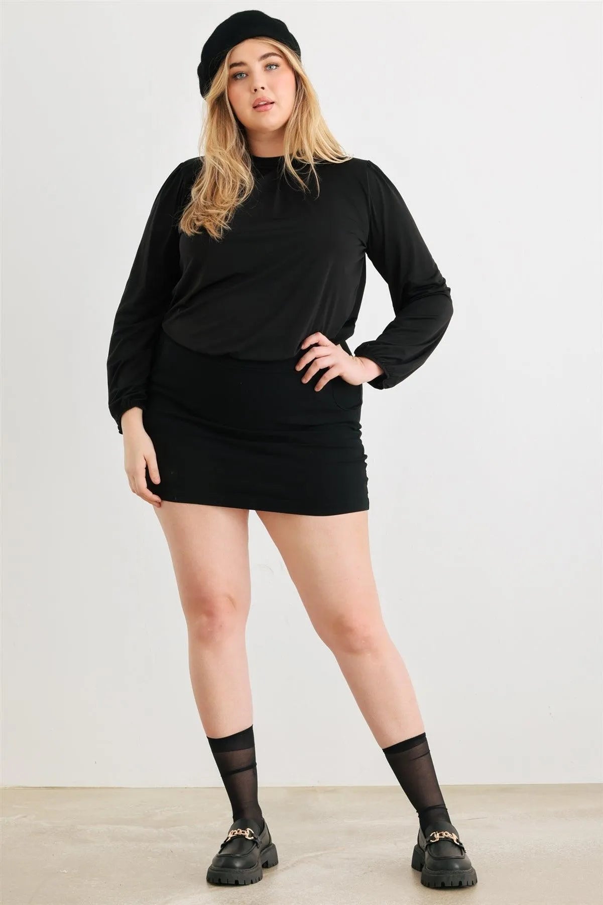 Junior Plus Black Satin Puff Long Sleeve Open Tie Back Blouse Top /1-1-1 - Tasha Apparel Wholesale