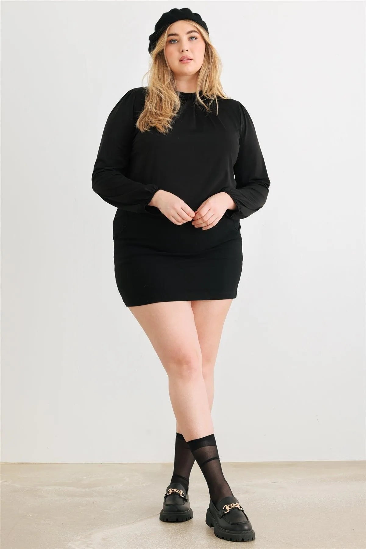 Junior Plus Black Satin Puff Long Sleeve Open Tie Back Blouse Top /1-1-1 - Tasha Apparel Wholesale