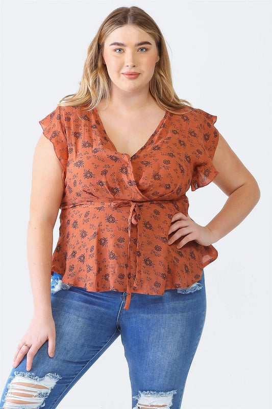 Junior Plus Rust Floral Print Wrap Neck Belted Flare Hem Top /1-1-1 - Tasha Apparel Wholesale