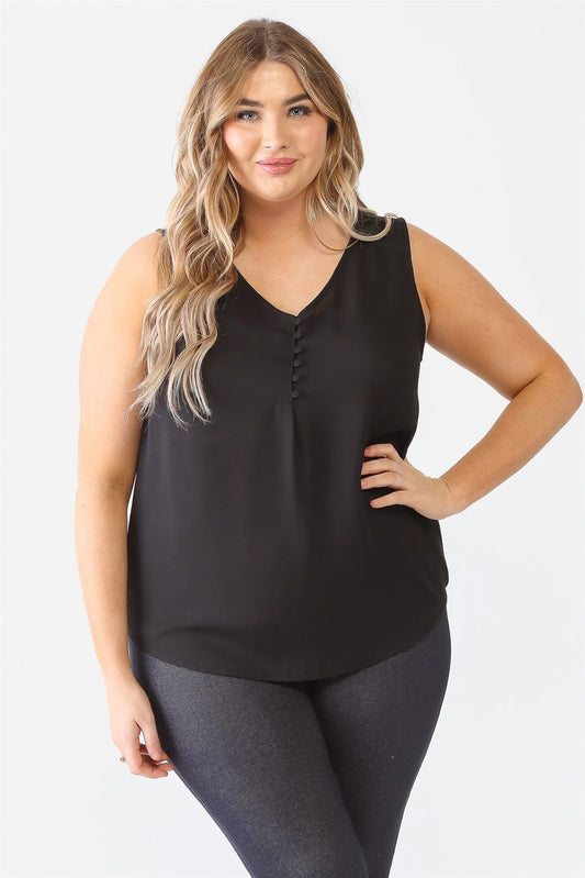 Junior Plus Black Button Up Detail Sleeveless Top /1-1-1 - Tasha Apparel Wholesale