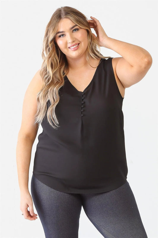 Junior Plus Black Button Up Detail Sleeveless Top /2-1 - Tasha Apparel Wholesale