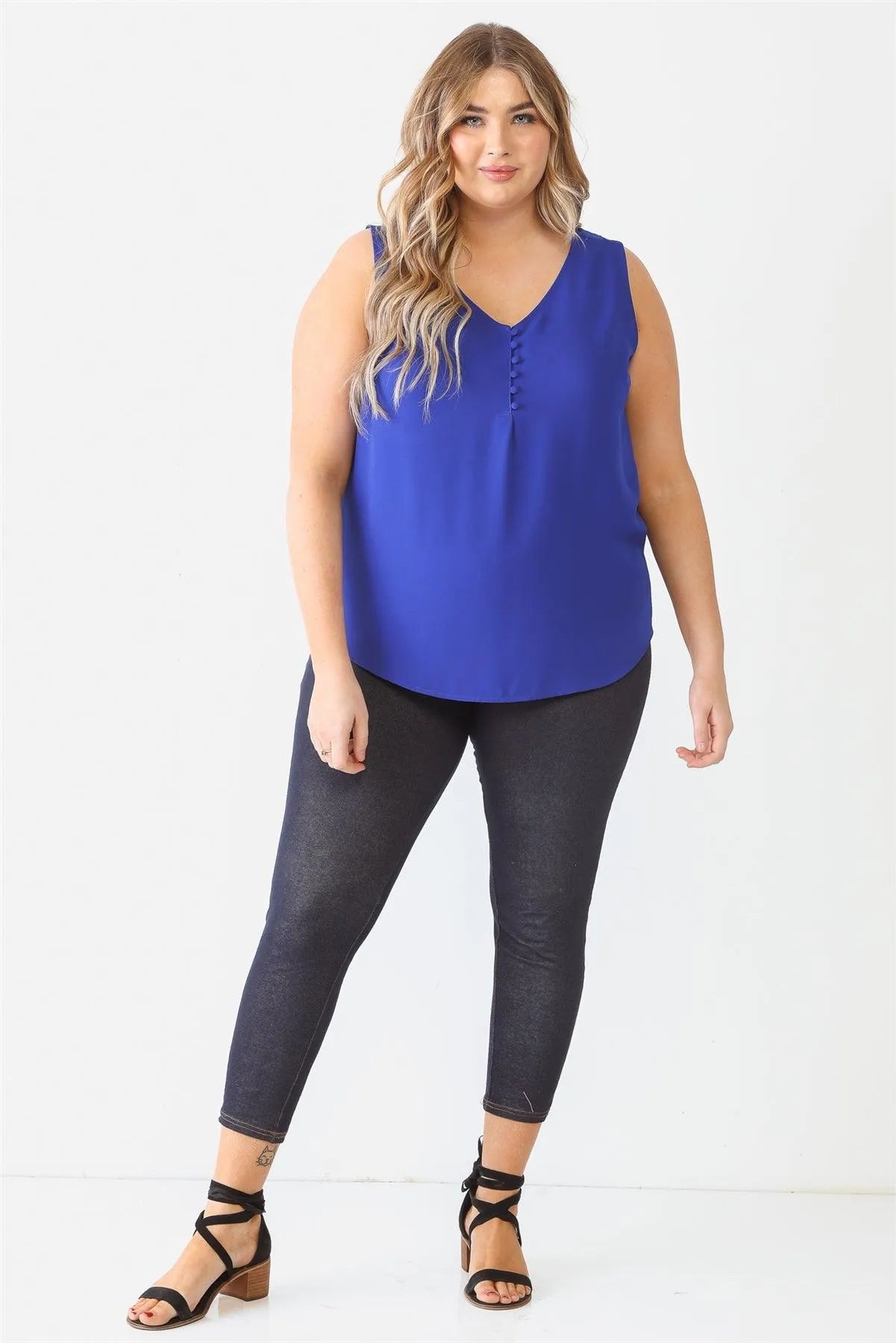 Junior Plus Royal Button Up Detail Sleeveless Top /2-1 - Tasha Apparel Wholesale
