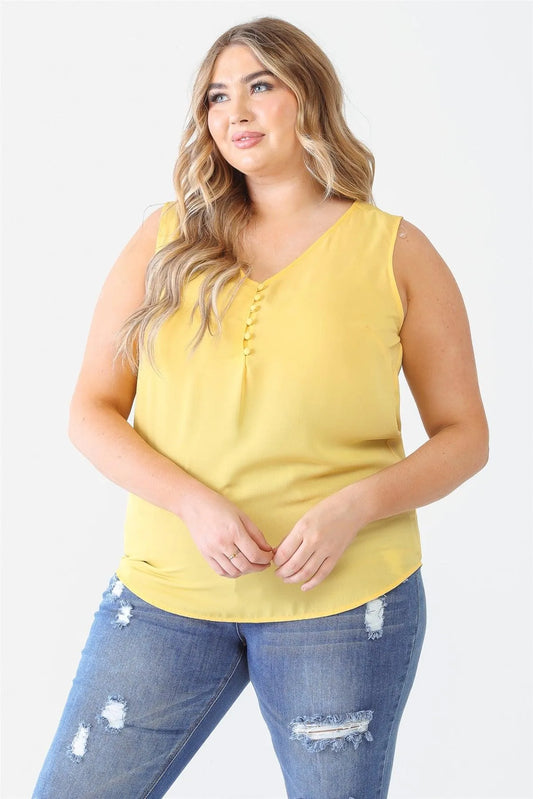 Junior Plus Yellow Button Up Detail Sleeveless Top /1-1-1 - Tasha Apparel Wholesale