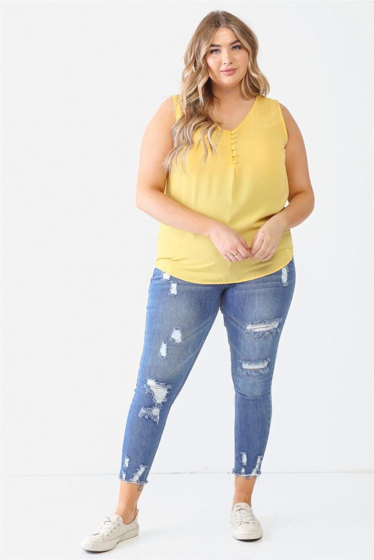 Junior Plus Yellow Button Up Detail Sleeveless Top /1-1-1 - Tasha Apparel Wholesale