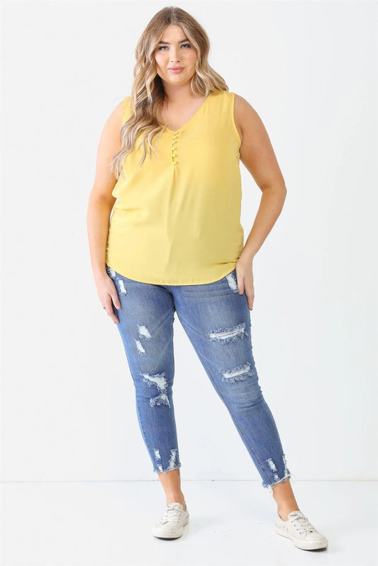 Junior Plus Yellow Button Up Detail Sleeveless Top /2-1-1 - Tasha Apparel Wholesale