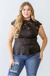 Junior Plus Black Lace Mesh Sleeve Flare Hem Top /1-1-1 - Tasha Apparel Wholesale