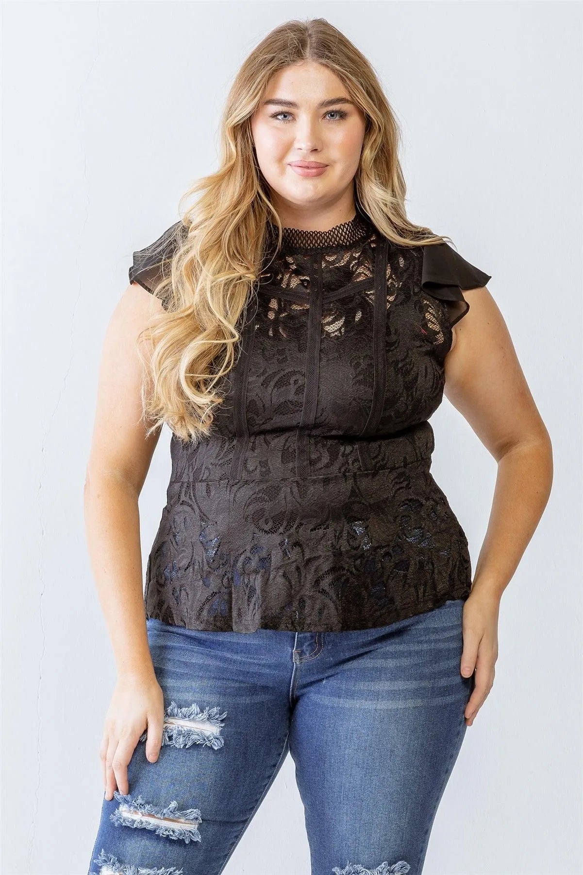 Junior Plus Black Lace Mesh Sleeve Flare Hem Top /1-1-1 - Tasha Apparel Wholesale