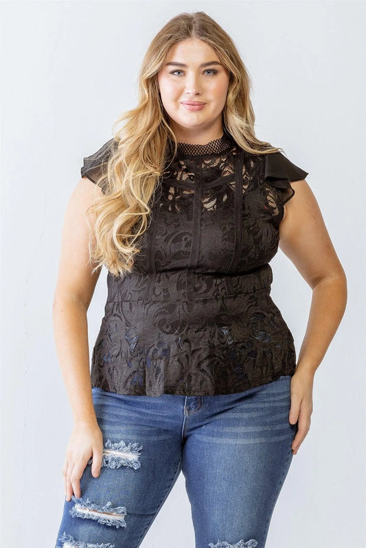 Junior Plus Black Lace Mesh Sleeve Flare Hem Top /1-1-1 - Tasha Apparel Wholesale