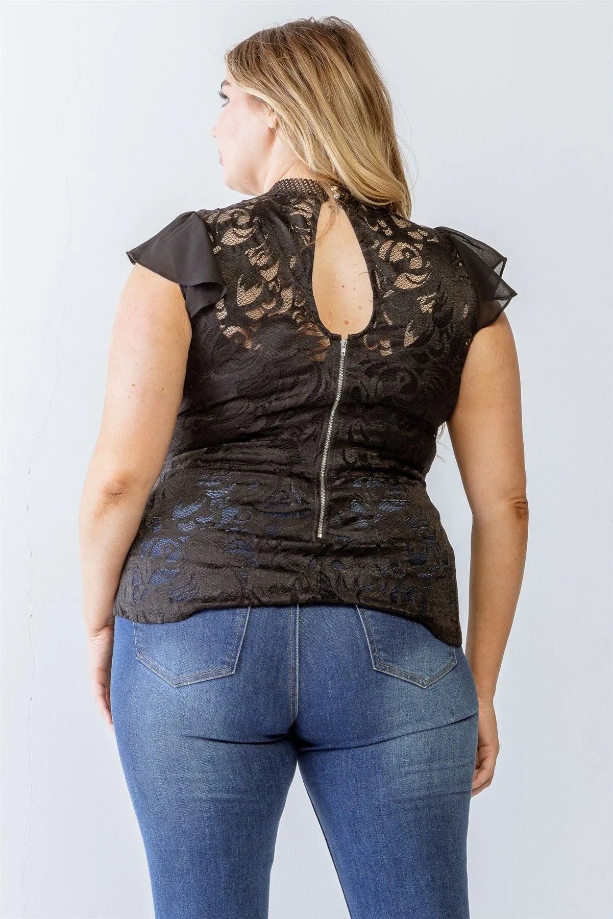 Junior Plus Black Lace Mesh Sleeve Flare Hem Top /1-1-1 - Tasha Apparel Wholesale