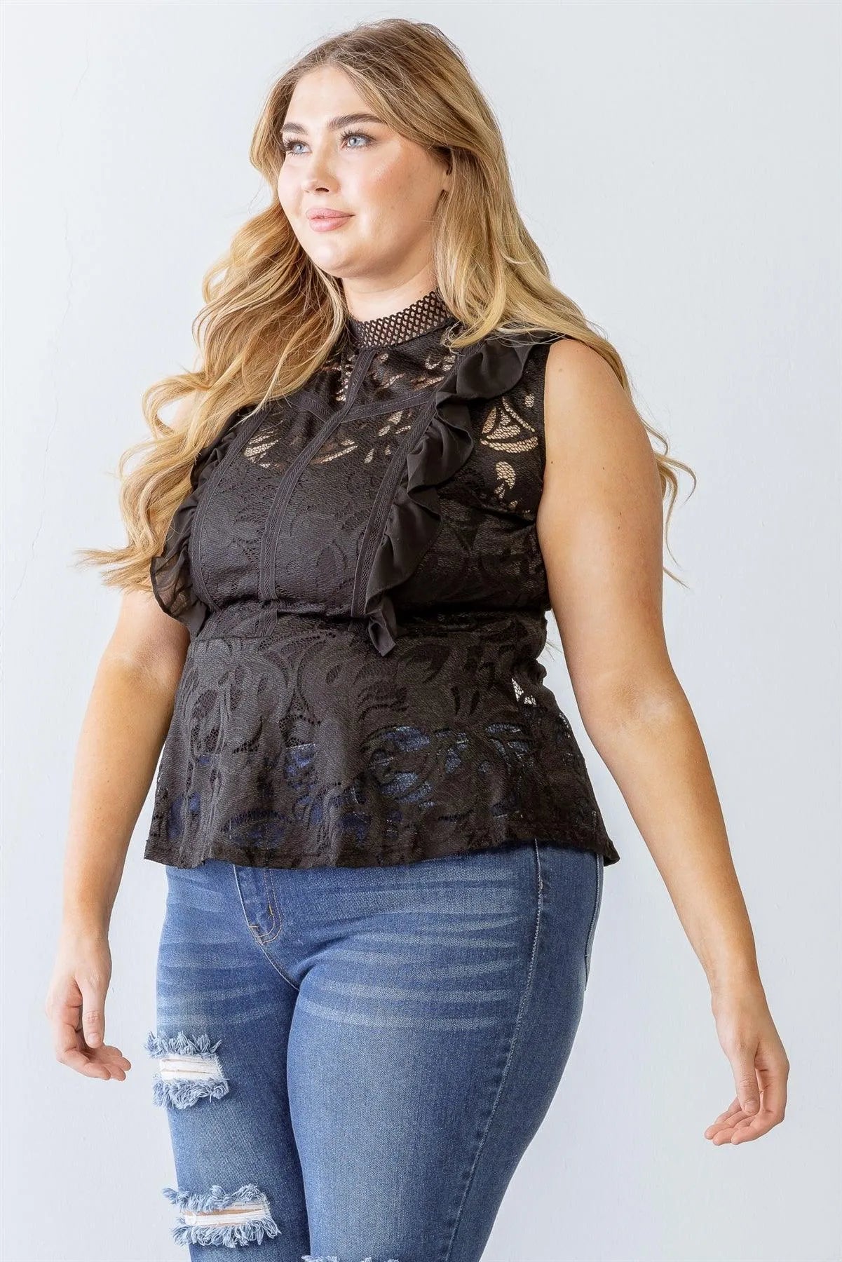 Junior Plus Black Lace Mesh Sleeve Flare Hem Top /1-1-1 - Tasha Apparel Wholesale