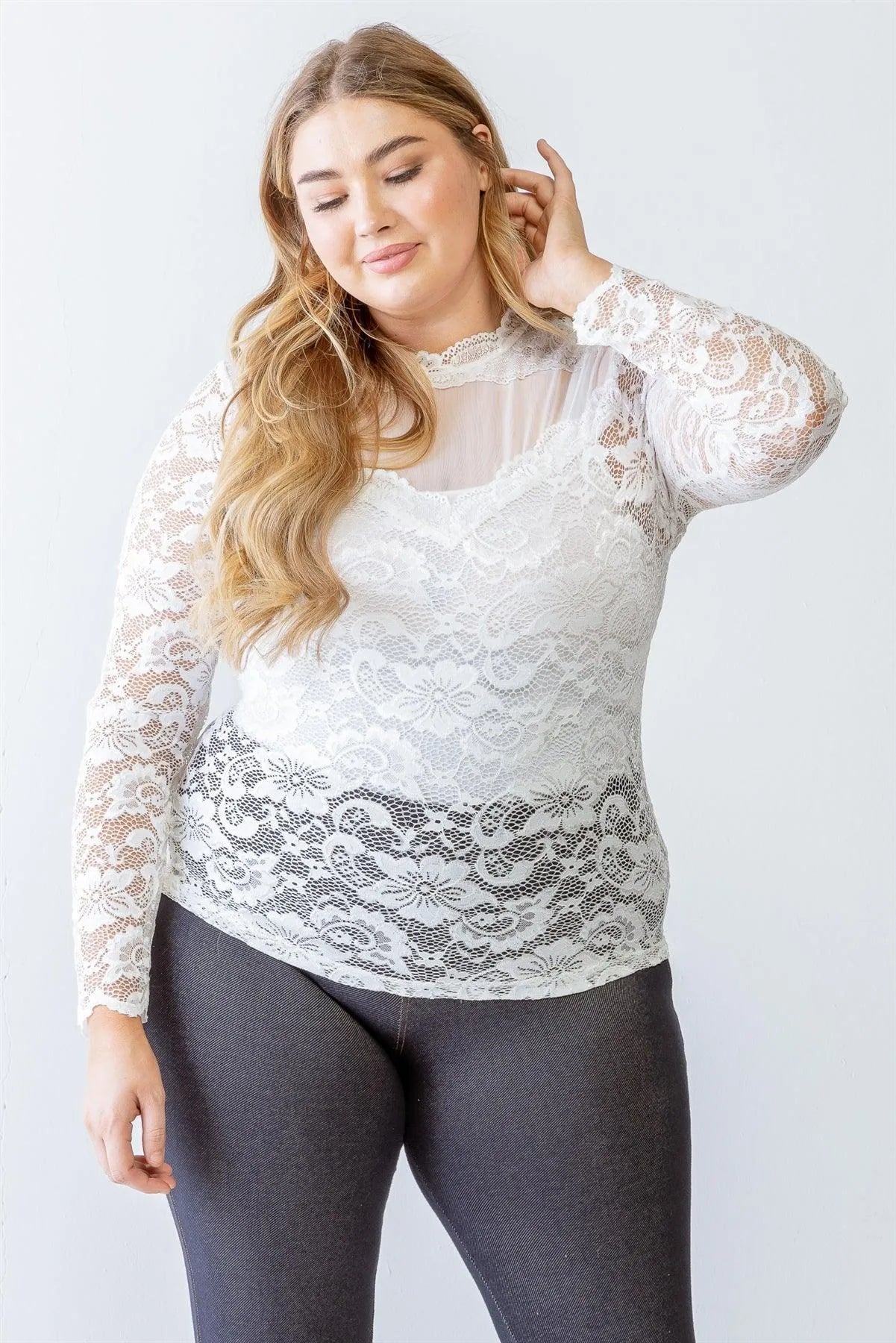 Junior Plus White Floral Lace Front Mesh Detail Long Sleeve Top /1-1-1 - Tasha Apparel Wholesale