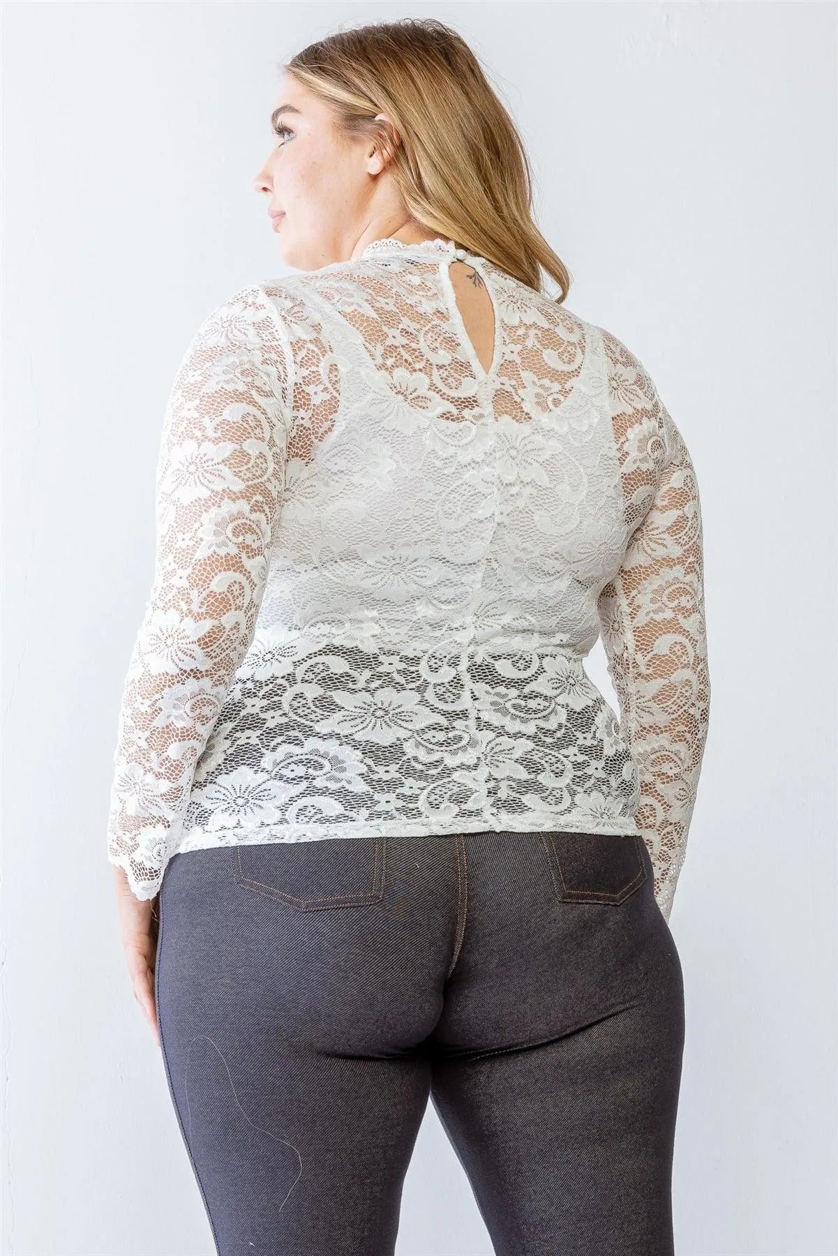 Junior Plus White Floral Lace Front Mesh Detail Long Sleeve Top /1-1-1 - Tasha Apparel Wholesale
