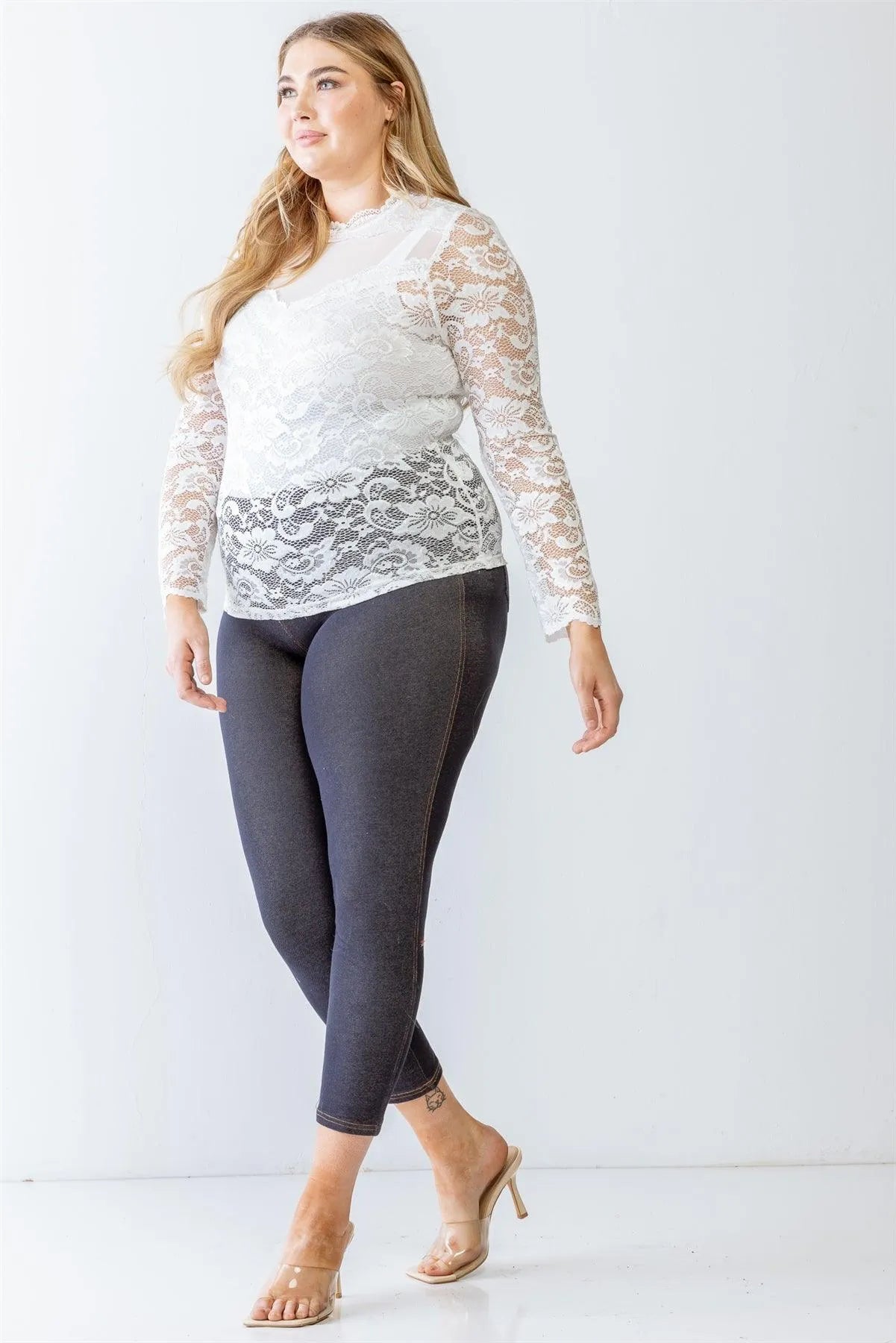 Junior Plus White Floral Lace Front Mesh Detail Long Sleeve Top /1-1-1 - Tasha Apparel Wholesale