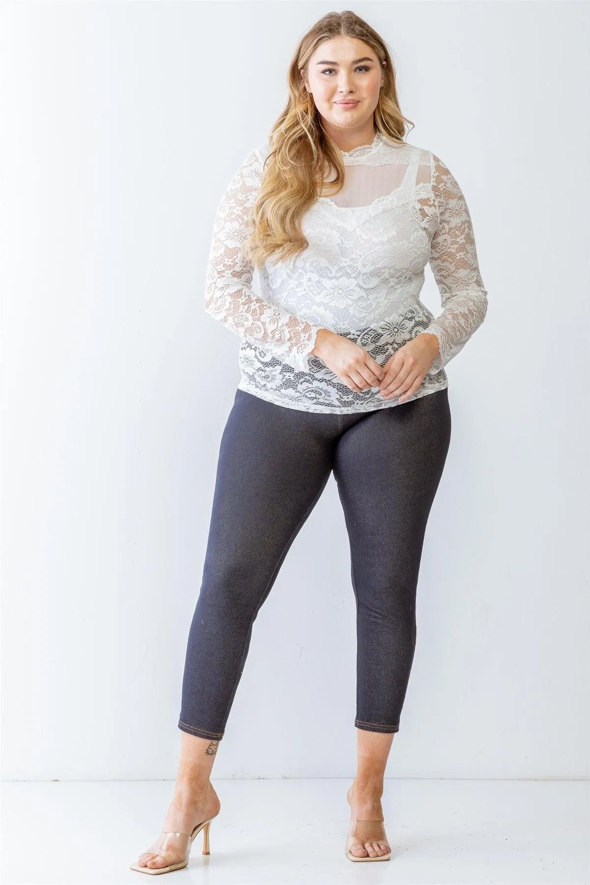 Junior Plus White Floral Lace Front Mesh Detail Long Sleeve Top /1-1-1 - Tasha Apparel Wholesale