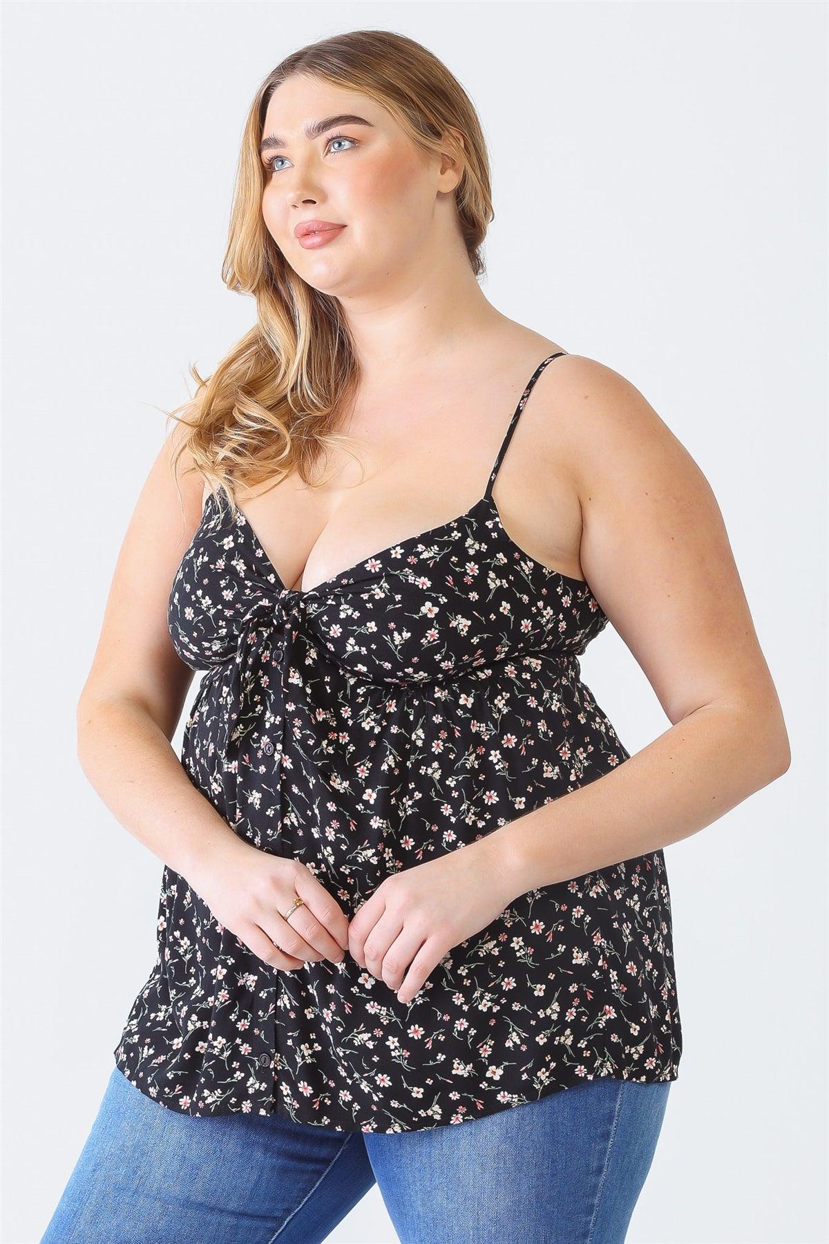 Junior Plus Black Floral Print Button-Up Sleeveless Strappy Self-Tie Neck Smocked Back Top /1-1-1