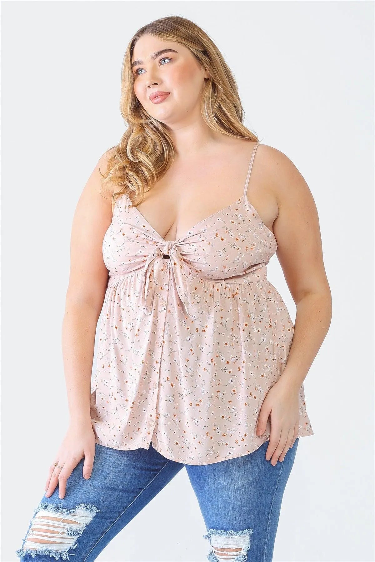 Plus Size Mauve Floral Button-Up Sleeveless Back Tie Top - Tasha Apparel Wholesale