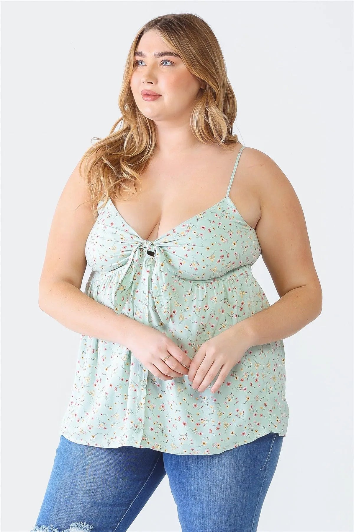 Plus Size Sage Floral Button-Up Sleeveless Back Tie Top - Tasha Apparel Wholesale