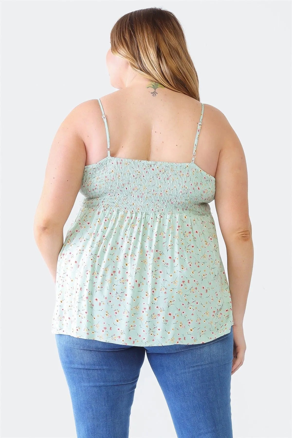Plus Size Sage Floral Button-Up Sleeveless Back Tie Top - Tasha Apparel Wholesale