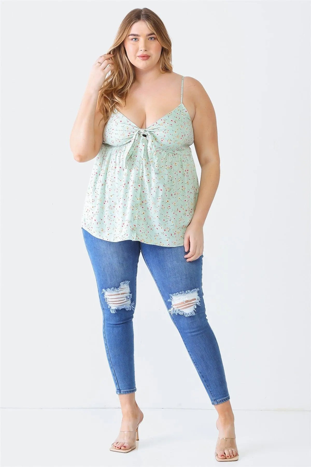Plus Size Sage Floral Button-Up Sleeveless Back Tie Top - Tasha Apparel Wholesale
