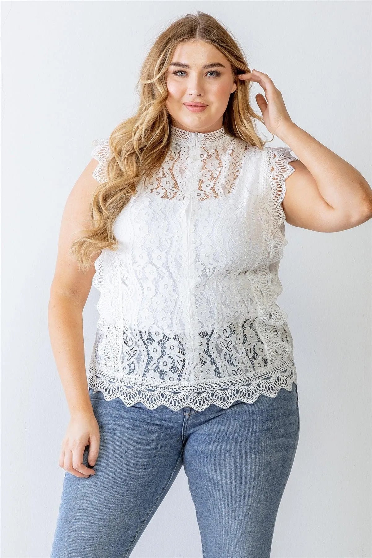 Junior Plus White Cotton Floral Lace Embroidery Detail Top /1-1-1 - Tasha Apparel Wholesale