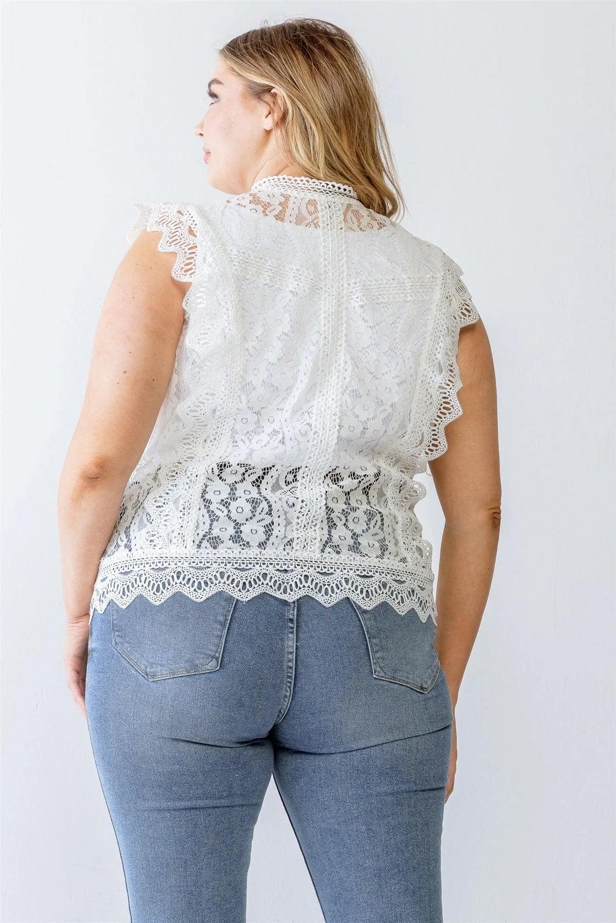 Junior Plus White Cotton Floral Lace Embroidery Detail Top /1-1-1 - Tasha Apparel Wholesale